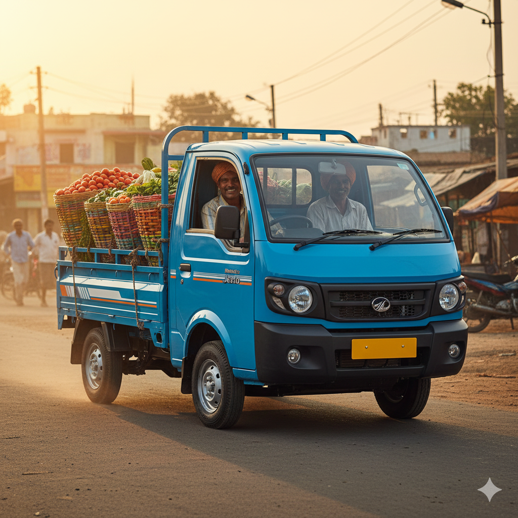 “Mahindra Jeeto small commercial truck carrying farm produce through a village marketplace in India.”