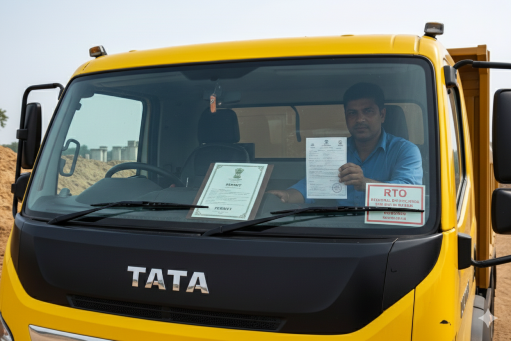 tata ultra k14 image with rto,p[ermit,challan in helper's hand