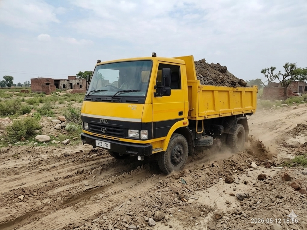 kache raste pr loaded truck ki tasveer